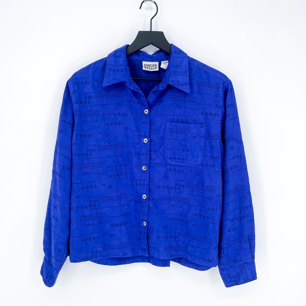 Vintage Chico's Aztec Print Suede Boxy Button Down Top Indigo Medium